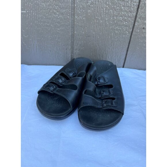 SAS Women's Black Leather Slide Sandals 3 Adjustable Strap Buckles Comfort 11 - Picture 1 of 10
